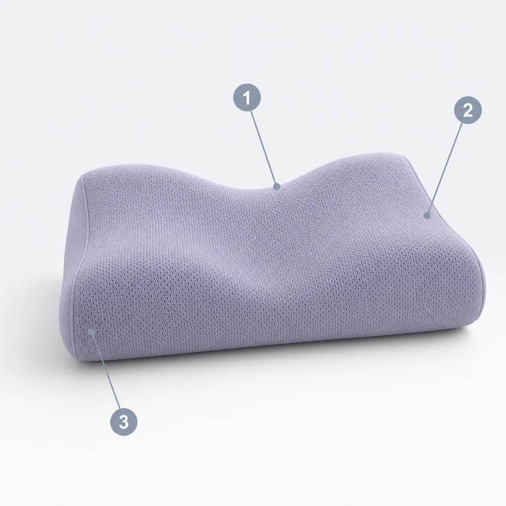 A lavender-gray cervical memory-foam pillow with its real wave silhouette and finely perforated text