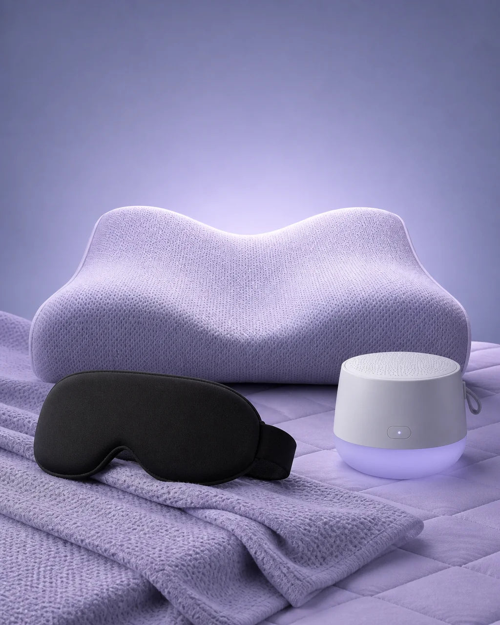 A lavender-gray wave pillow with perforated breathable cover, a black sleep headband with flat padde