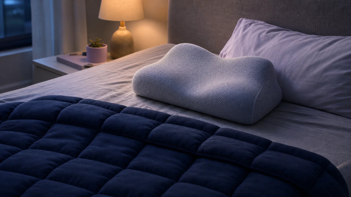 A lavender-gray cervical memory-foam pillow with its wave profile fully visible, resting large on a