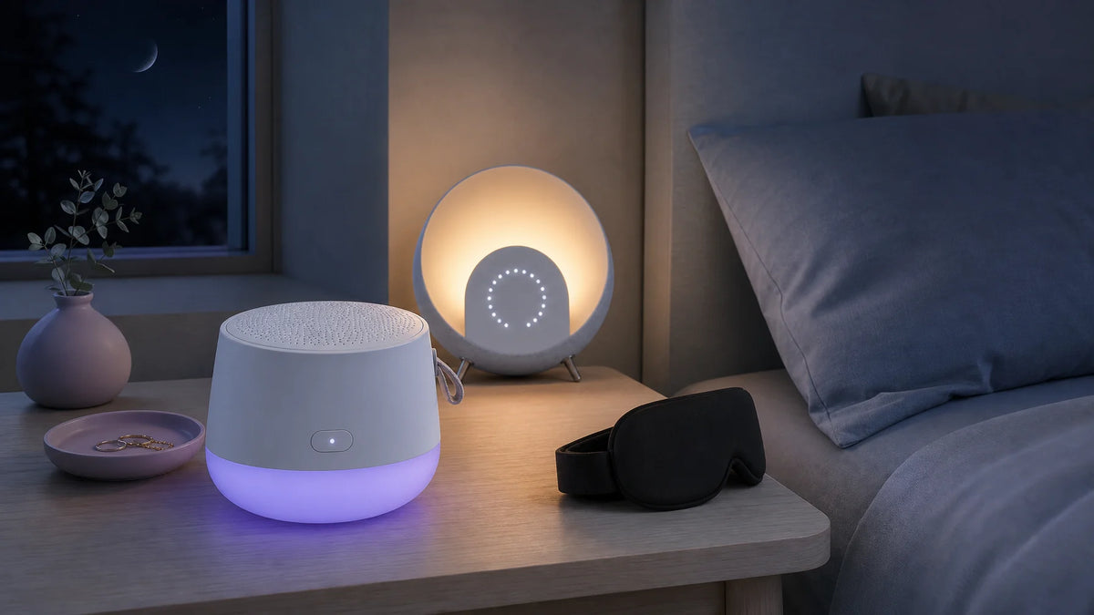 A compact portable white-noise machine with its perforated grille and violet base in the foreground,