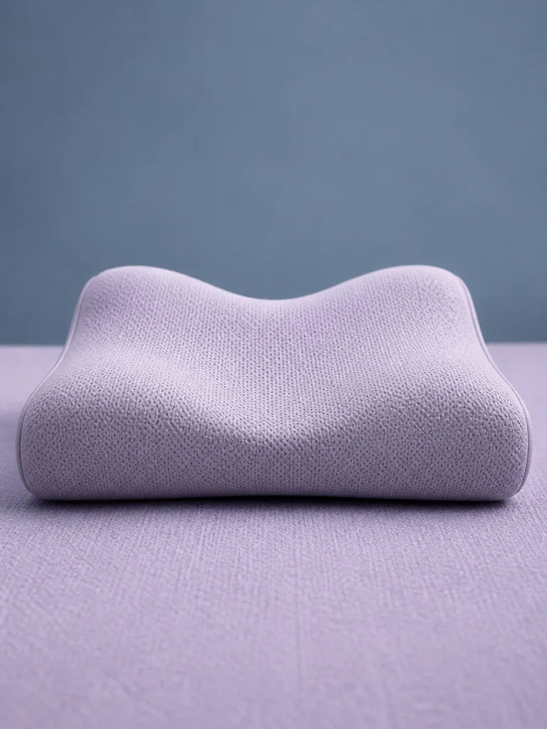 A lavender-gray cervical memory-foam pillow filling the portrait frame, seen from slightly above so