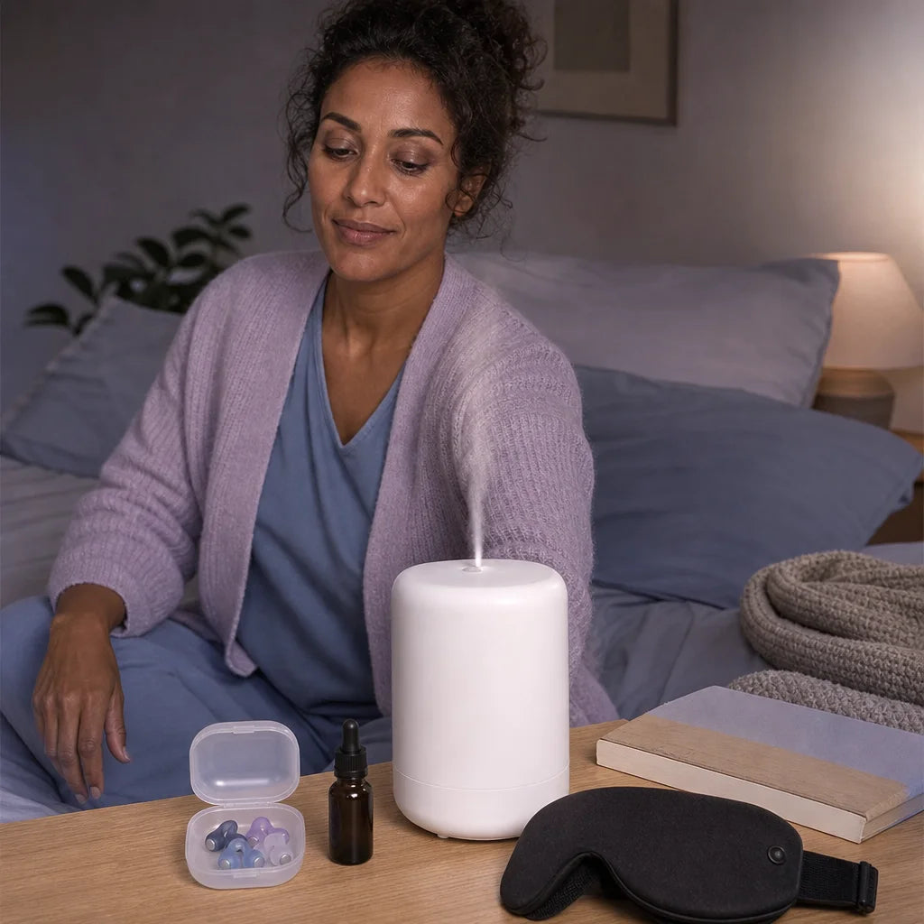 A white cylindrical ultrasonic diffuser with a visible mist plume, the product closest and largest,