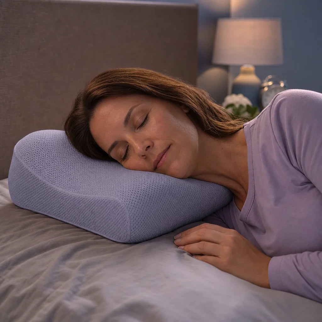 A lavender-gray cervical memory-foam pillow with its wave profile and central dip closest and sharpe