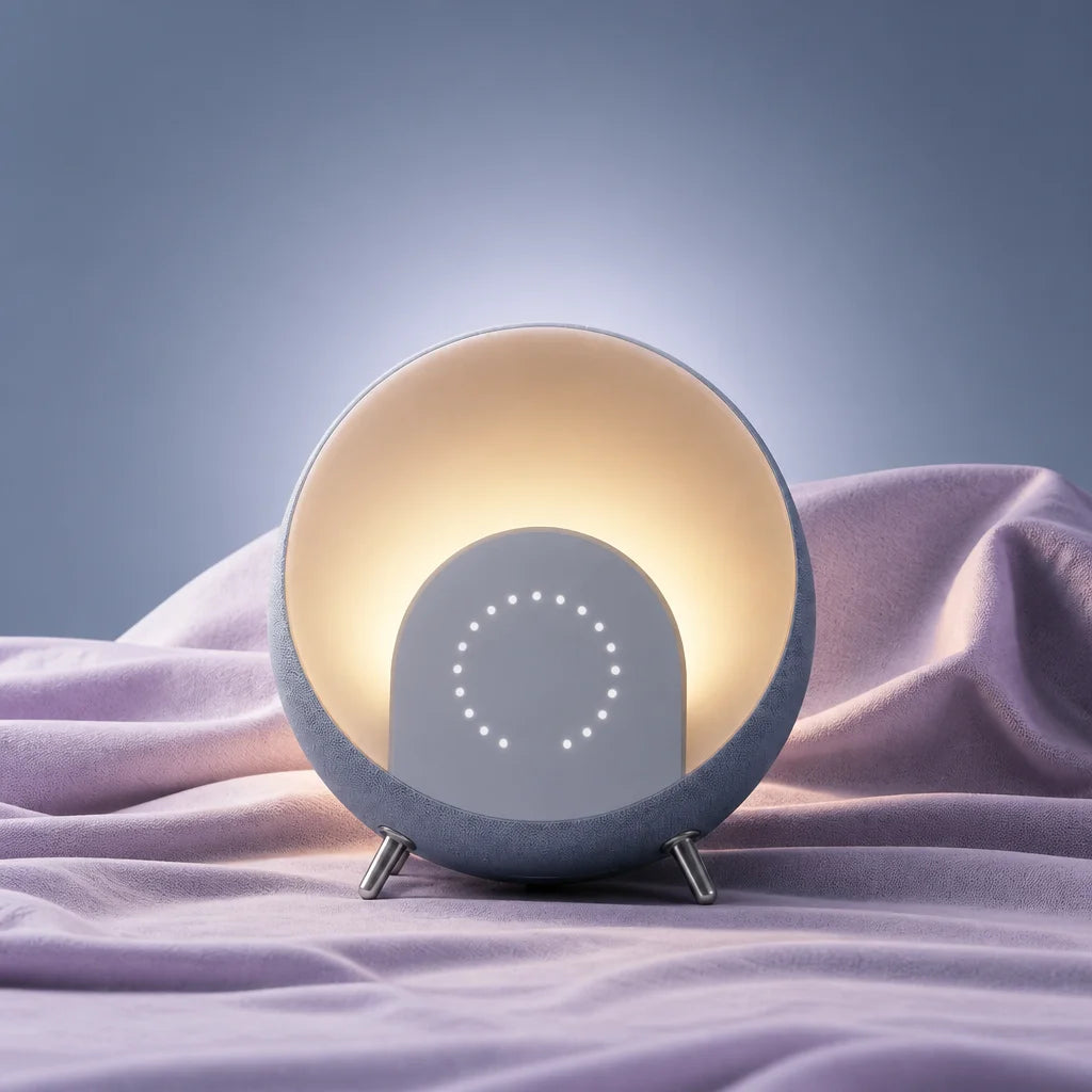 A round dawn-simulator alarm clock with a dark blue-gray textured body, central rounded panel, circu