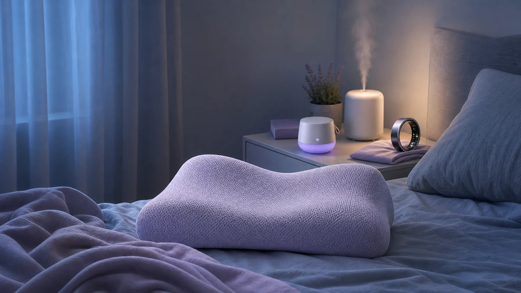 A lavender-gray cervical memory-foam pillow with a clear wave profile, a compact light-gray portable