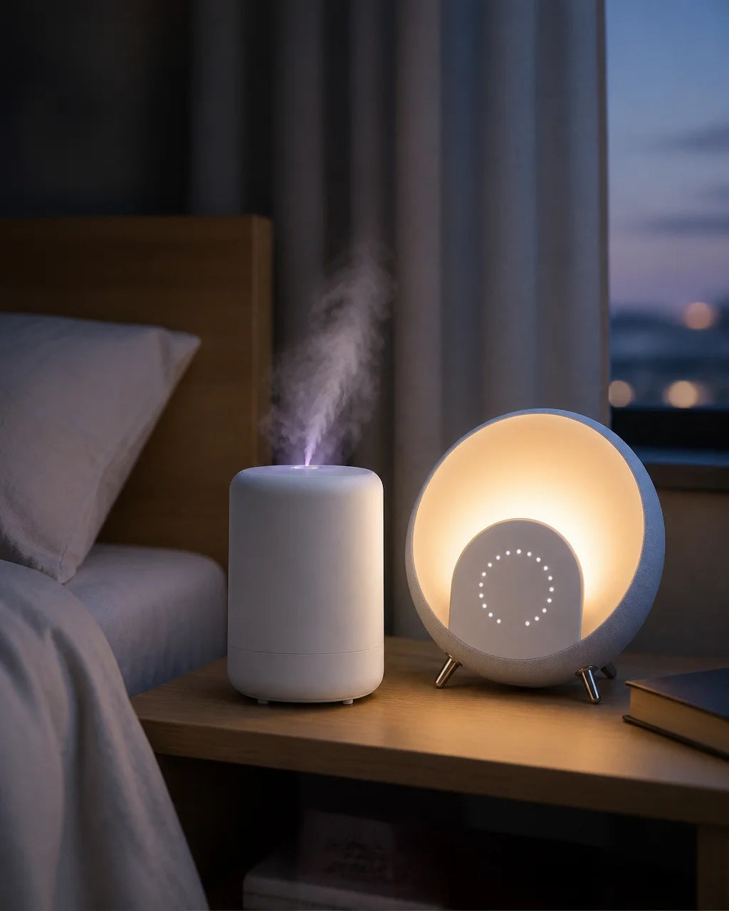 A white ultrasonic diffuser with a visible mist plume in the foreground and a round dawn-simulator c