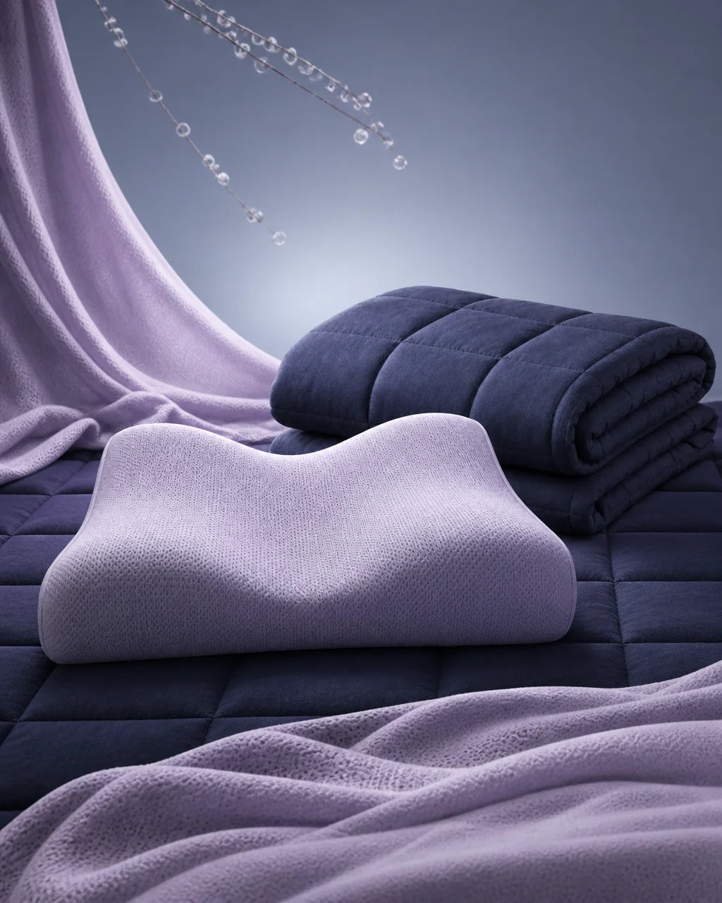 A lavender-gray cervical memory-foam pillow with a clear wave profile and perforated textile cover,