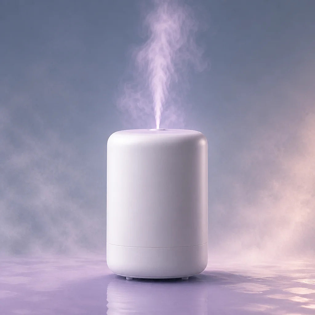 A compact white cylindrical ultrasonic diffuser with a smooth matte body and a visible plume of mist