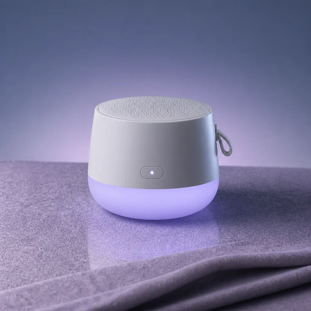 A compact portable white-noise machine with a light gray cylindrical body, perforated top grille, fr